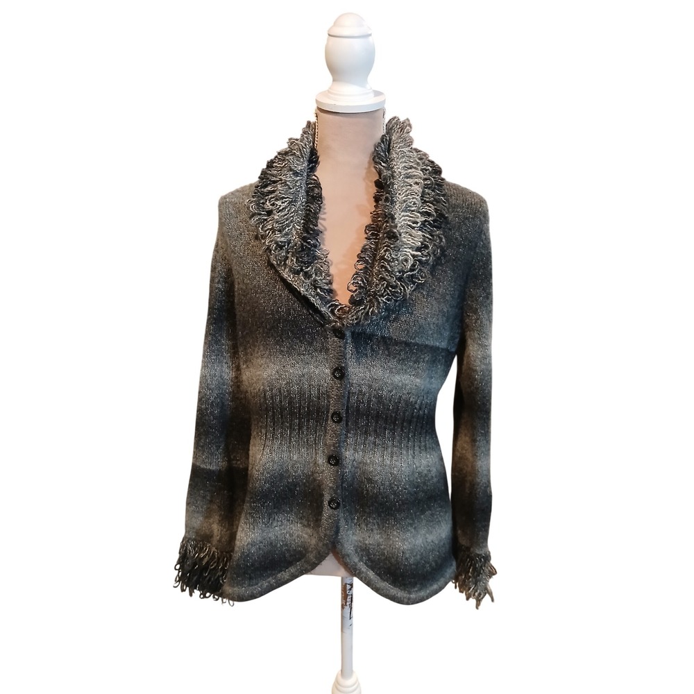 Womens Grey Ombre Knit Cardigan Striped Loop Fringe Trim Whimsigoth Large